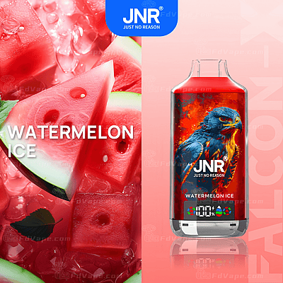 Empaque para vapear Watermelon Ice de JNR que presenta un primer plano de rodajas de sandía con hielo a la izquierda y un dispositivo para vapear con una atrevida ilustración de un halcón a la derecha.