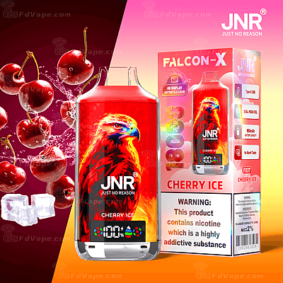 Dispositivo de vapeo desechable Cherry Ice de JNR (Just No Reason) con un gráfico de halcón rojo vibrante, 1800 bocanadas, nicotina 2%, batería de 950 mAh y pantalla digital, junto con cerezas y cubitos de hielo.