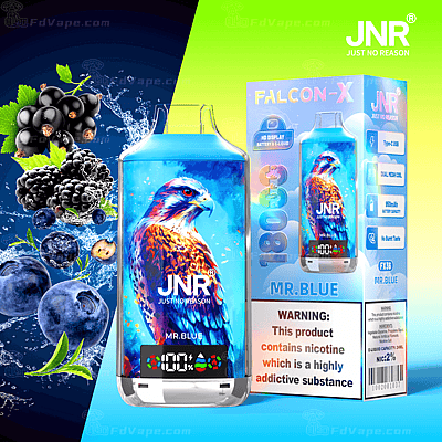Embalaje para vaporizador JNR que presenta un diseño artístico de halcón con imágenes de grosellas negras y arándanos y una etiqueta de advertencia de nicotina.