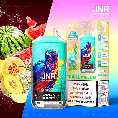 Dispositivo de vapeo colorido con un diseño de halcón con la etiqueta "JNR Just No Reason" y sabor "Triple Melon", junto con imágenes de sandías y melones. El empaque destaca características como 1800 caladas, nicotina 2% y una pantalla HD que muestra los niveles de batería y e-líquido.