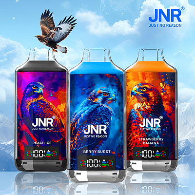 Tres coloridas botellas de vaporizador JNR etiquetadas como "Peach Ice", "Berry Burst" y "Strawberry Banana", cada una con una vibrante ilustración de un halcón frente a un fondo de montaña y cielo.