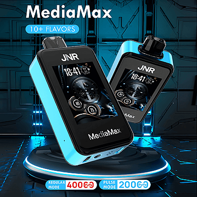Dispositivo electrónico azul y negro etiquetado "JNR MediaMax" con pantalla digital, ambientado en un entorno futurista, resaltando "10+ sabores" y modos de uso.