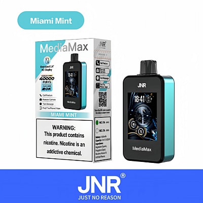 Verpackungs- und Produktbild des JNR MediaMax-Vaping-Geräts im Geschmack „Miami Mint“ mit einem 2,4-Zoll-Display neben der Verpackung mit einem Warnhinweis zu Nikotin.