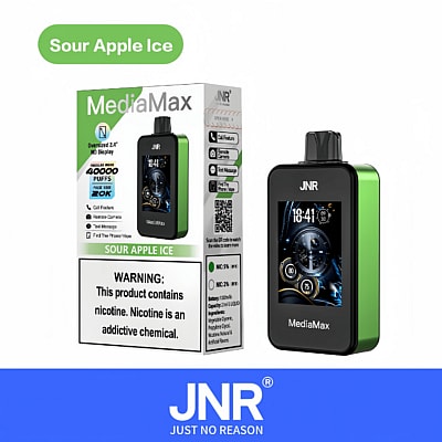 Ein Vape-Gerät mit der Verpackung „MediaMax, Sour Apple Ice“ und einem großen Display. Ein Warnhinweis weist auf den Nikotingehalt hin. Darunter wird der Markenname „JNR, Just No Reason“ angezeigt.