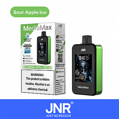 Dispositivo de vapeo con un envoltorio con la etiqueta "MediaMax, Sour Apple Ice" y una pantalla grande. La etiqueta de advertencia indica el contenido de nicotina. La marca "JNR, Just No Reason" se muestra debajo.