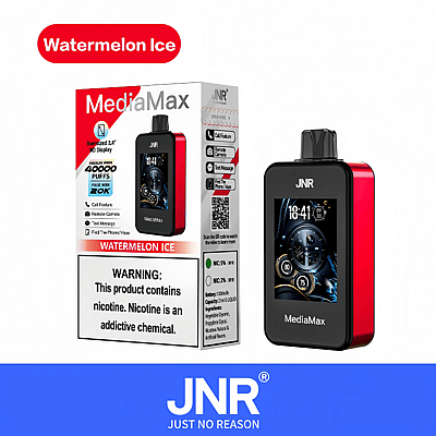 Embalaje y producto del dispositivo de vapeo JNR MediaMax en sabor Watermelon Ice.