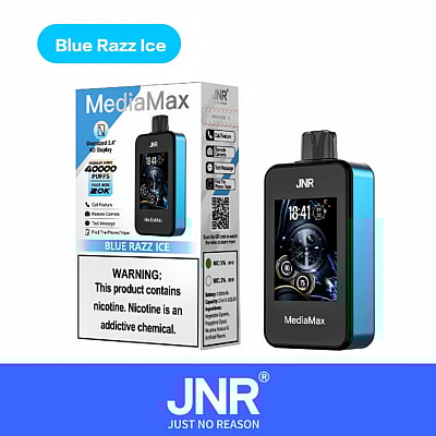 JNR MediaMax Blue Razz Ice Vape-Gerät und Verpackung mit Warnhinweis zum Nikotingehalt.