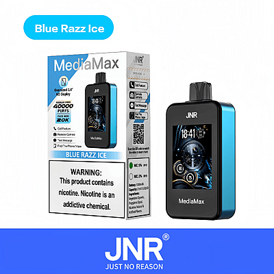 Dispositivo de vapeo JNR MediaMax Blue Razz Ice y empaque con etiqueta de advertencia sobre el contenido de nicotina.