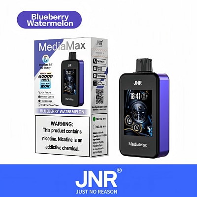 JNR MediaMax-Vaping-Gerät und Verpackung mit Blaubeer-Wassermelonengeschmack mit Warnhinweis zum Nikotingehalt.