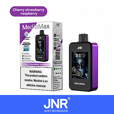 Dispositivo de vapeo JNR MediaMax en sabor cereza, fresa y frambuesa, con pantalla digital y advertencia sobre el contenido de nicotina.