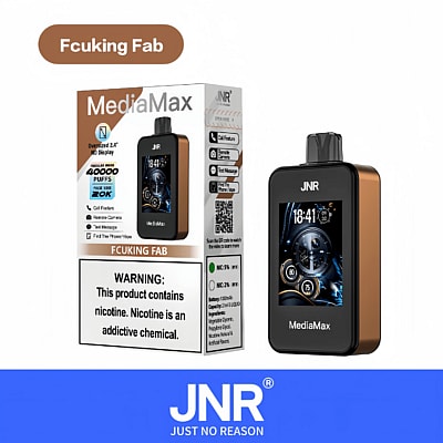Elektronisches Dampfgerät mit der Bezeichnung „JNR MediaMax“ und Verpackung, mit großem Display und verschiedenen Funktionen wie Anruffunktion, Fernkamera, SMS-Funktion und Telefonfinder. Warnhinweis weist auf Nikotingehalt hin.