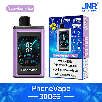 "PhoneVape Strawberry Ice" e-cigarette packaging, featuring a digital display vape device and various features listed on the box.