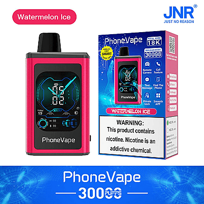 Red PhoneVape device and packaging with watermelon ice flavor, featuring digital display and warnings about nicotine content.