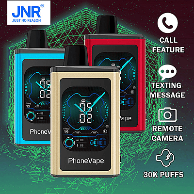 Three PhoneVape devices in blue, gold, and red, featuring call, texting, remote camera capabilities, and 30,000 puffs.