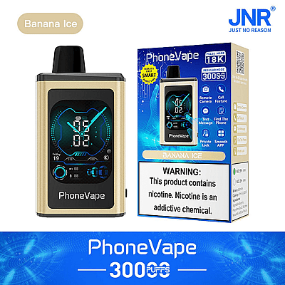 A digital vape device and packaging labeled "PhoneVape" with "Banana Ice" flavor, 30000 puffs, and a nicotine warning.