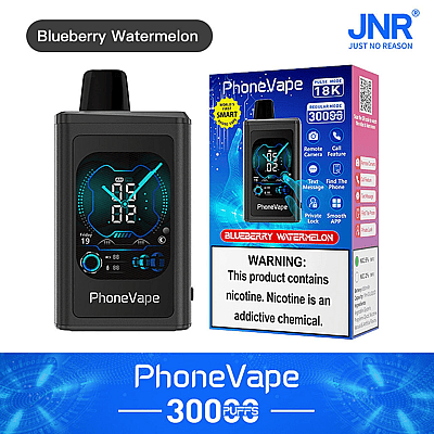 PhoneVape device and packaging for blueberry watermelon flavor, displaying features and nicotine warning.