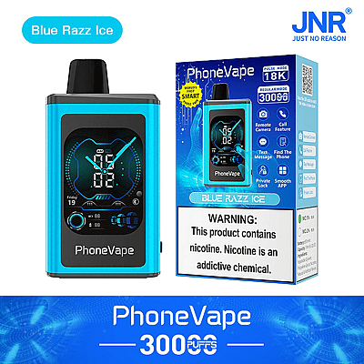 Image of a PhoneVape device with packaging, featuring a Blue Razz Ice flavor. The box highlights features like remote camera and call capabilities. A warning states the product contains nicotine.