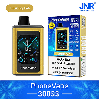 PhoneVape device and packaging, featuring a digital display and warning about nicotine content.