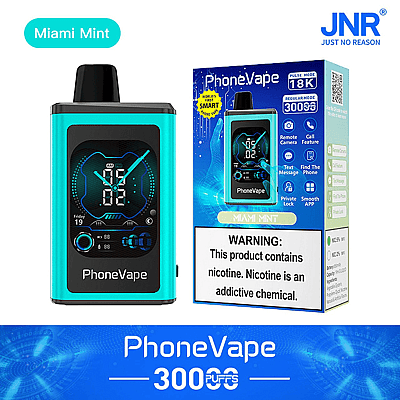 Blue PhoneVape device with digital display shown next to its packaging, featuring "Miami Mint" flavor and warnings about nicotine content.