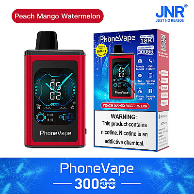 Red PhoneVape device with packaging displaying "Peach Mango Watermelon" flavor and features like remote camera and call function. Warning about nicotine content is visible.