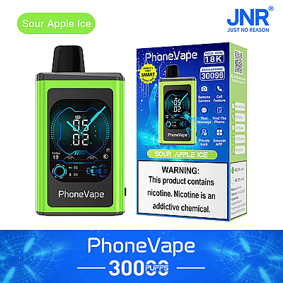 Packaging and product display of a PhoneVape in "Sour Apple Ice" flavor with features highlighted and a nicotine warning label.