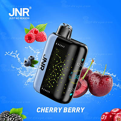Un dispositivo per svapare con il marchio JNR, circondato da immagini di ciliegie, lamponi, more e mirtilli, con la scritta "Cherry Berry" su sfondo blu.