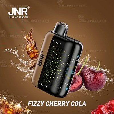 Dispositivo de vapeo etiquetado "JNR Fizzy Cherry Cola" con salpicaduras de cola y cerezas en el fondo.