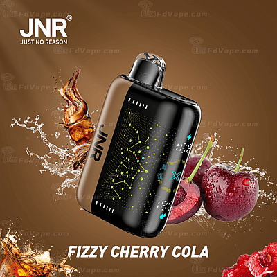 Dispositivo per svapare con l'etichetta "JNR Fizzy Cherry Cola" con schizzi di cola e ciliegie sullo sfondo.