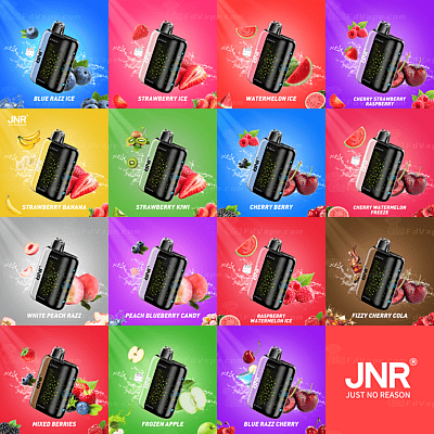 Cuadrícula de botellas con sabor a vape con diversas frutas y fondos coloridos, incluidos azul, rosa y rojo.