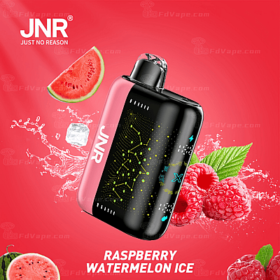 Un dispositivo per svapare JNR con immagini di lampone, anguria e ghiaccio su sfondo rosso, etichettato "Raspberry Watermelon Ice".