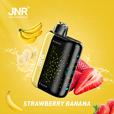 Dispositivo de vapeo JNR con ilustraciones de fresa y plátano, etiquetado "Strawberry Banana" sobre un fondo amarillo.