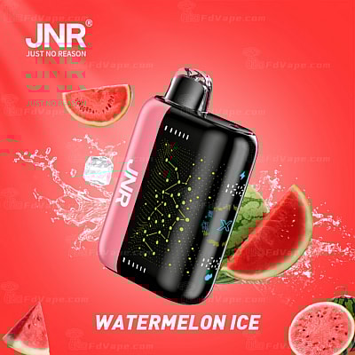 Dispositivo de vapeo con temática de sabor a helado de sandía, que presenta un fondo rojo vibrante con rodajas de sandía y cubitos de hielo.