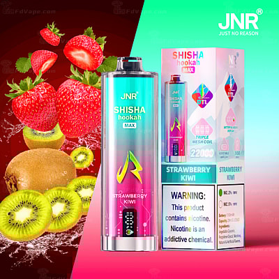 JNR Shisha Hookah Max vape with strawberry kiwi flavor packaging featuring strawberries and kiwis.