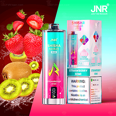 JNR Shisha Hookah Max vape with strawberry kiwi flavor packaging featuring strawberries and kiwis.
