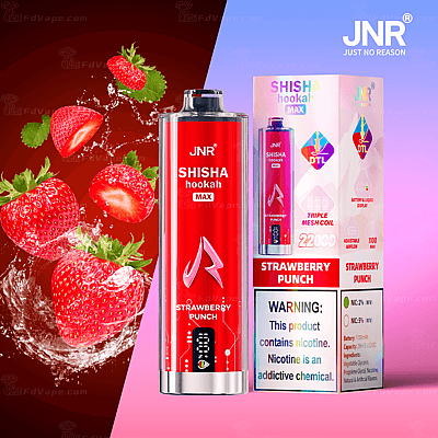 JNR Shisha hookah MAX in Strawberry Punch flavor, with strawberries and splash imagery, beside the product box displaying features and a nicotine warning.