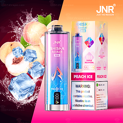 JNR Shisha Hookah Max Peach Ice vape product with packaging, featuring images of peaches and ice cubes, and a nicotine warning label.