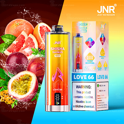 JNR Shisha Hookah Max disposable vape with Love 66 flavor and various tropical fruits in the background.