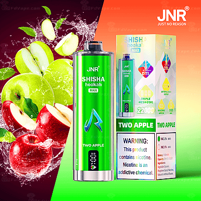 A green JNR Shisha Hookah Max vape device with "Two Apple" flavor branding next to a package displaying product details and images of green and red apples.