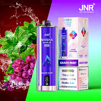 Grape mint flavored disposable vape with packaging, featuring mint leaves and grapes.