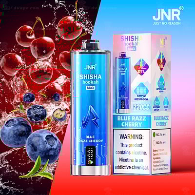 Image of a JNR Shisha Hookah Max vape in Blue Razz Cherry flavor, with a background of cherries and blueberries. The packaging features various specifications and a warning about nicotine content.