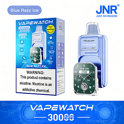 Appareil à vapotage bleu avec fonctionnalités et emballage de montre intelligente, étiqueté « Vapewatch Blue Razz Ice » avec un avertissement concernant la nicotine.