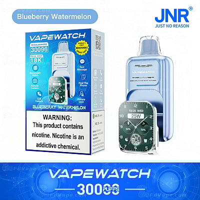 Emballage et appareil d'une "Vapewatch" au goût Myrtille Pastèque, comportant un pod vape amovible avec une interface de montre numérique.