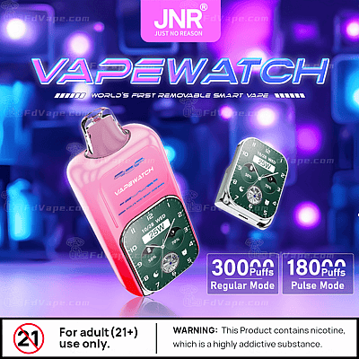 Texto alternativo: Anuncio de un "Vapewatch" rosa de JNR, descrito como el primer vaporizador inteligente extraíble del mundo. Las características incluyen una pantalla de reloj y afirma que permite 30.000 caladas en modo normal o 18.000 caladas en modo pulsado. Contiene una advertencia sobre la nicotina y está destinado a adultos mayores de 21 años.