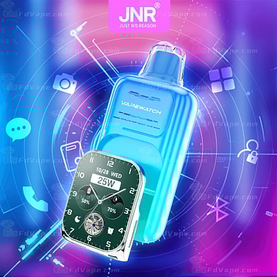 Un appareil de vapotage futuriste de marque « JNR » avec un affichage numérique affichant les paramètres de temps et de puissance, sur fond de technologie dynamique.