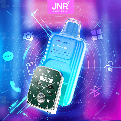 Un appareil de vapotage futuriste de marque « JNR » avec un affichage numérique affichant les paramètres de temps et de puissance, sur fond de technologie dynamique.