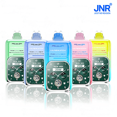 Appareils de vapotage colorés avec un design de cadran de montre numérique, étiquetés « VAPEWATCH », en vert, bleu, rose et jaune.