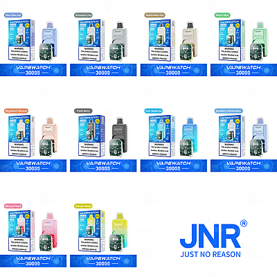 Emballage de différentes saveurs de bouffées VapeWatch 3000 présentées dans des boîtes avec des images de vapes et des étiquettes d'avertissement, disposées dans un format de grille avec le logo JNR « Just No Reason » en bas à droite.