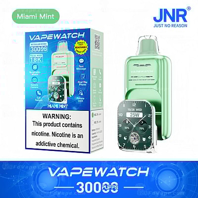 Emballage et présentation du produit d'une VapeWatch verte au goût de menthe de Miami, dotée d'une interface de montre et de diverses fonctionnalités telles qu'une caméra à distance, une messagerie texte et un verrouillage privé.