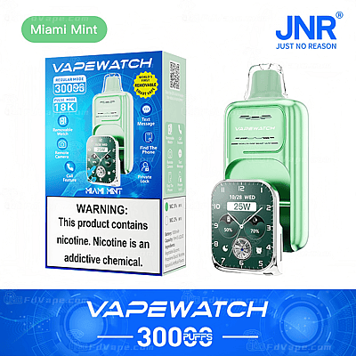 Emballage et présentation du produit d'une VapeWatch verte au goût de menthe de Miami, dotée d'une interface de montre et de diverses fonctionnalités telles qu'une caméra à distance, une messagerie texte et un verrouillage privé.