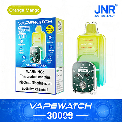 Emballage et appareil de la montre VAPEWATCH saveur Orange Mangue affichant les fonctionnalités de la montre et l'avertissement de nicotine.